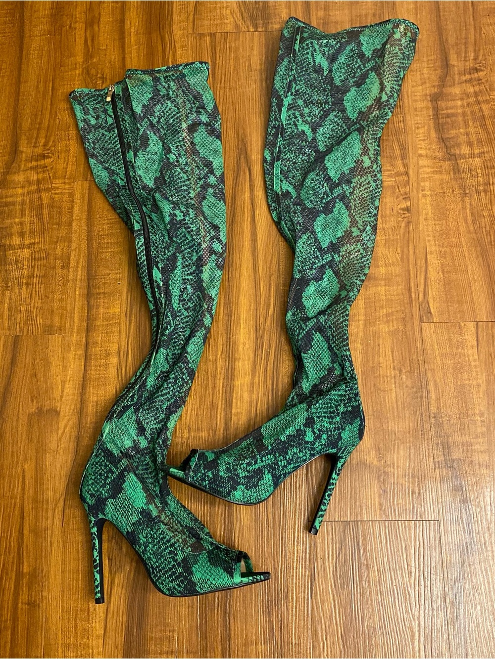 Green Snake-Print Over-the-Knee Stiletto Boots